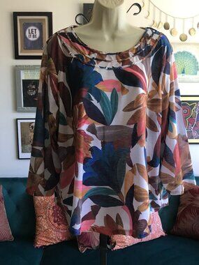 ALFRED DUNNER size 2X Colorful Floral Print Stretch Knit 3/4 Sleeve Top